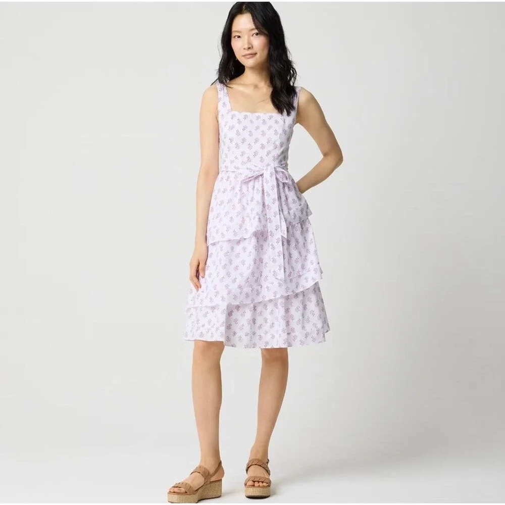 J. Crew Floral Tiered Midi Dress Sleeveless White Violet Storm 12